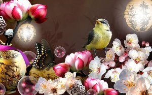 Обои для рабочего стола: Цветы и птицы