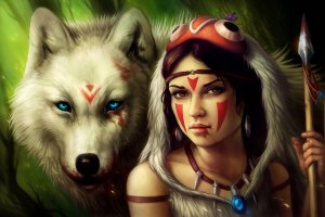 Обои для рабочего стола: Девушка и волк
