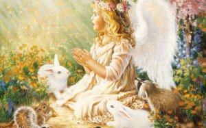Ангелок с зайцами и цветами - скачать обои на рабочий стол