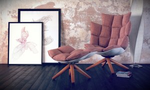 Кресло, подушки и напольные картины  - скачать обои на рабочий стол