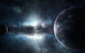 Космическая туманность между двух планет  - скачать обои на рабочий стол