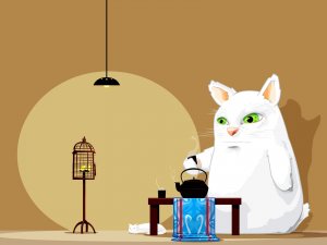 Кот пьет чай - скачать обои на рабочий стол
