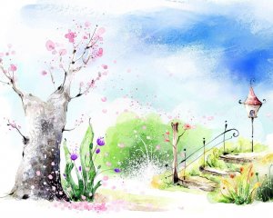 Нарисованный весенний сад  - скачать обои на рабочий стол
