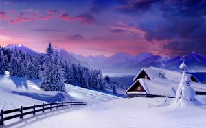 Зимний пейзаж с домом и горами - скачать обои на рабочий стол