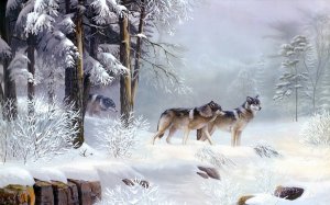Обои для рабочего стола: Зимний пейзаж с волк...